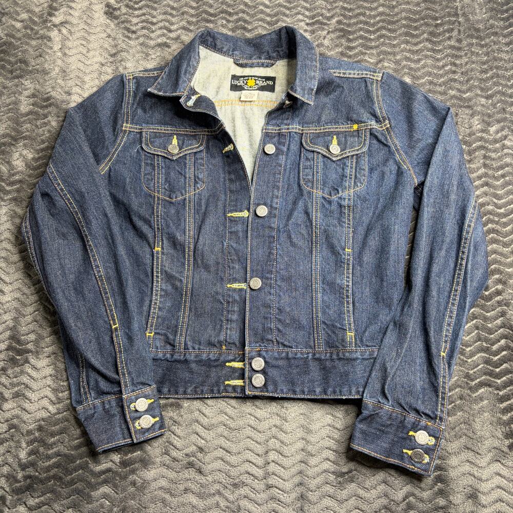 Lucky Brand Women’s Jean Jacket Size Medium Button Up Dark Wash Blue Denim